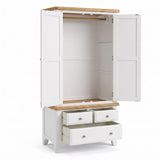 Mimosa white wardrobe with a light natural wood top and matching wood interior hanging rod, shown on a clean white background.