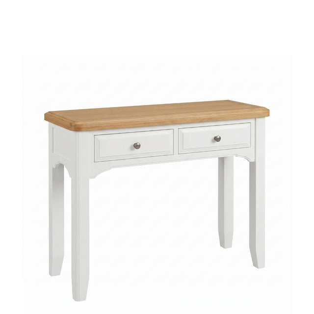 Mimosa white wooden dressing table with two drawers and a natural oak top, shown on a plain white background.