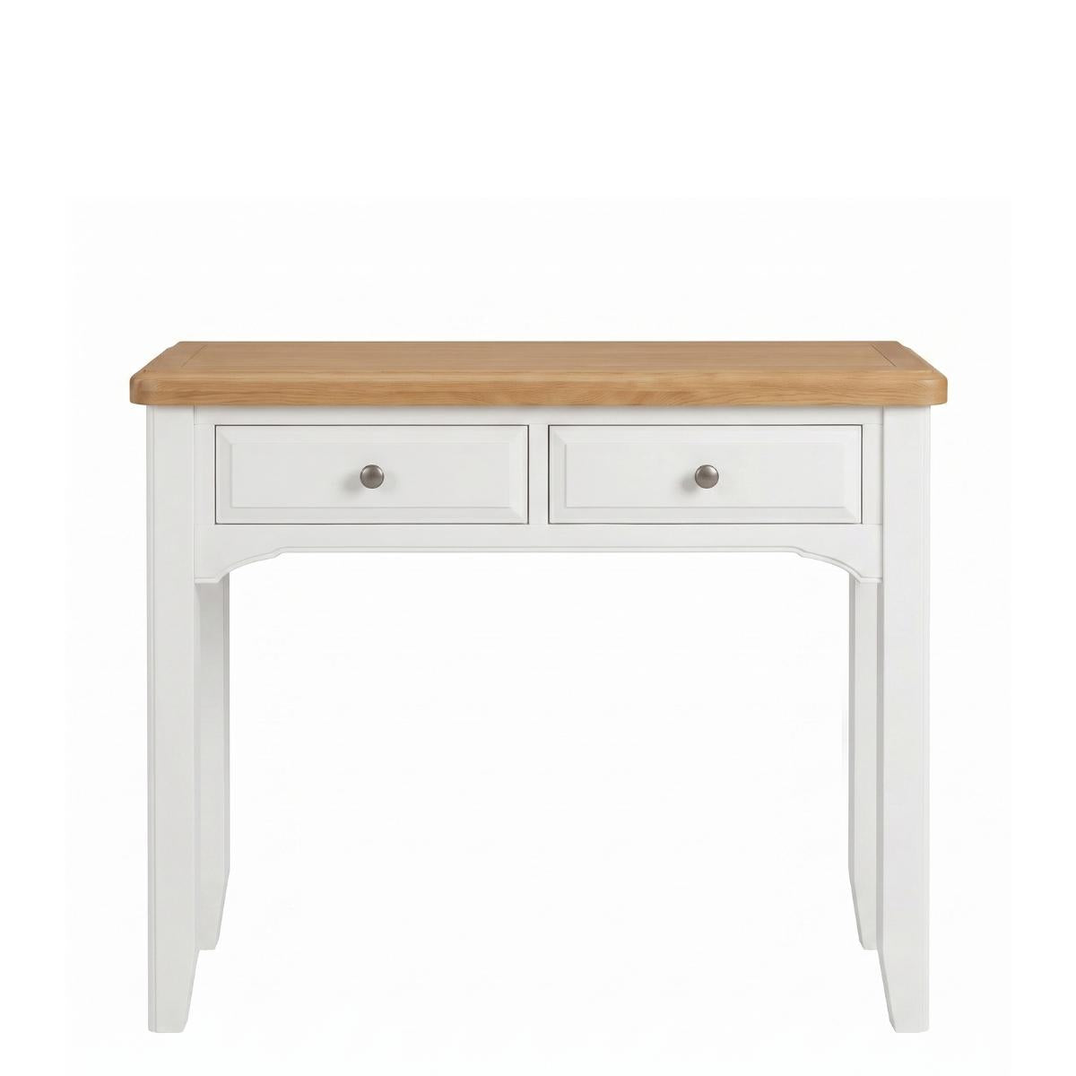Mimosa white wooden dressing table with two drawers and a natural light wood top, featuring small round silver knobs, shown against a plain white background.