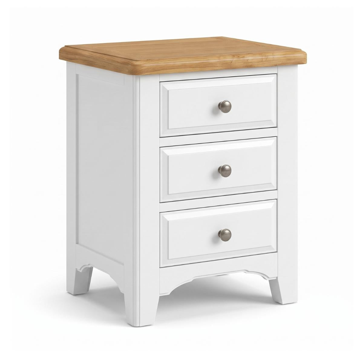 Mimosa white three-drawer nightstand with a natural wood top and round silver drawer pulls, shown on a clean white background.