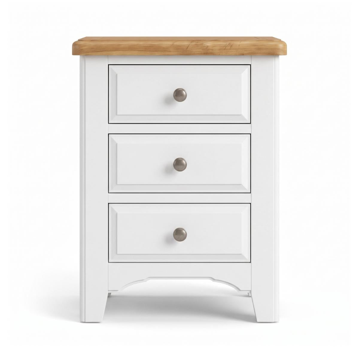 Mimosa three-drawer nightstand with a white painted body, a natural light wood top, and round metallic knobs, shown on a clean white background.