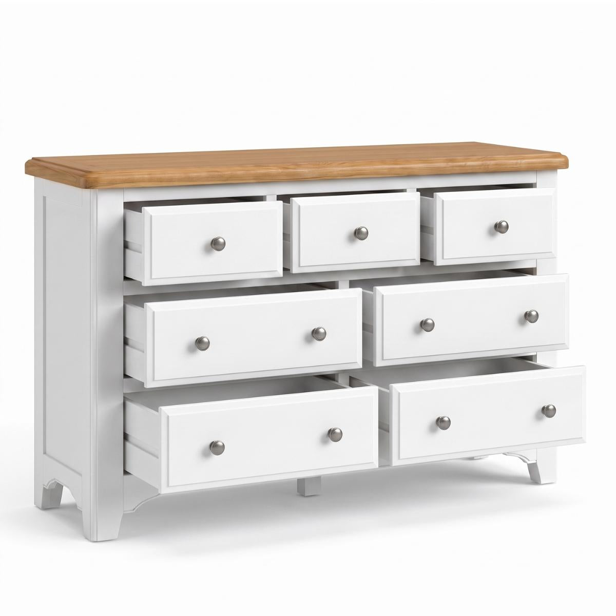 Mimosa white 7-drawer dresser with a natural oak wood top and silver round drawer knobs, shown on a clean white background.