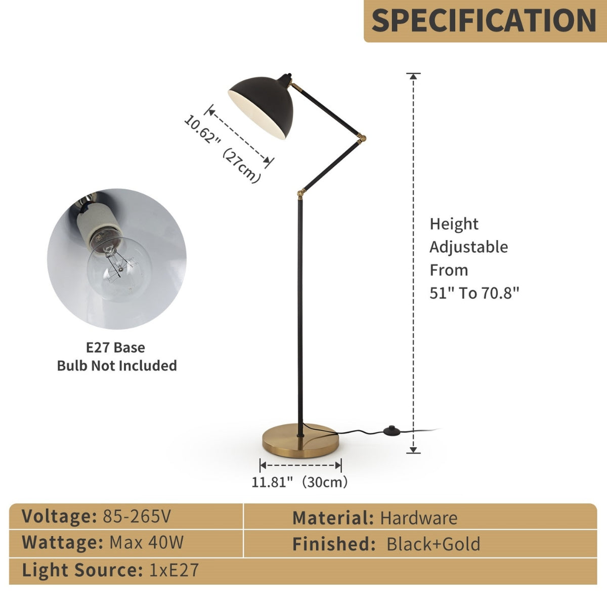 Floor lamp with specifications including height, base type, and material details.