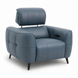 Mosley modern tufted leather armchair in blue with dark tapered legs and a small black control panel on the side, shown on a white background.
