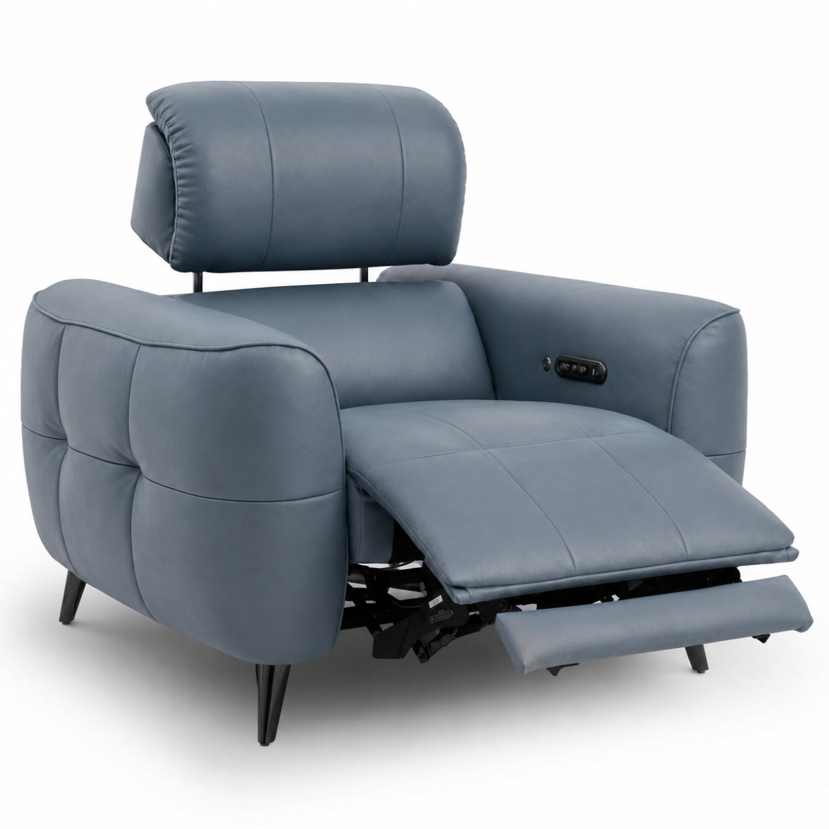 Mosley blue leather recliner chair with the footrest extended, shown on a clean white background. The chair features a padded headrest, tufted armrests, and a small control panel on the outer armrest.