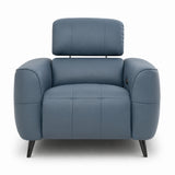 Mosley modern blue leather armchair with a high segmented backrest, padded armrests, and slim black metal legs, shown against a plain white background.