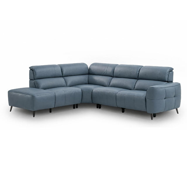 Mosley modern sectional sofa in a blue colour, featuring a chaise lounge on the left and tufted cushions, shown on a plain white background.