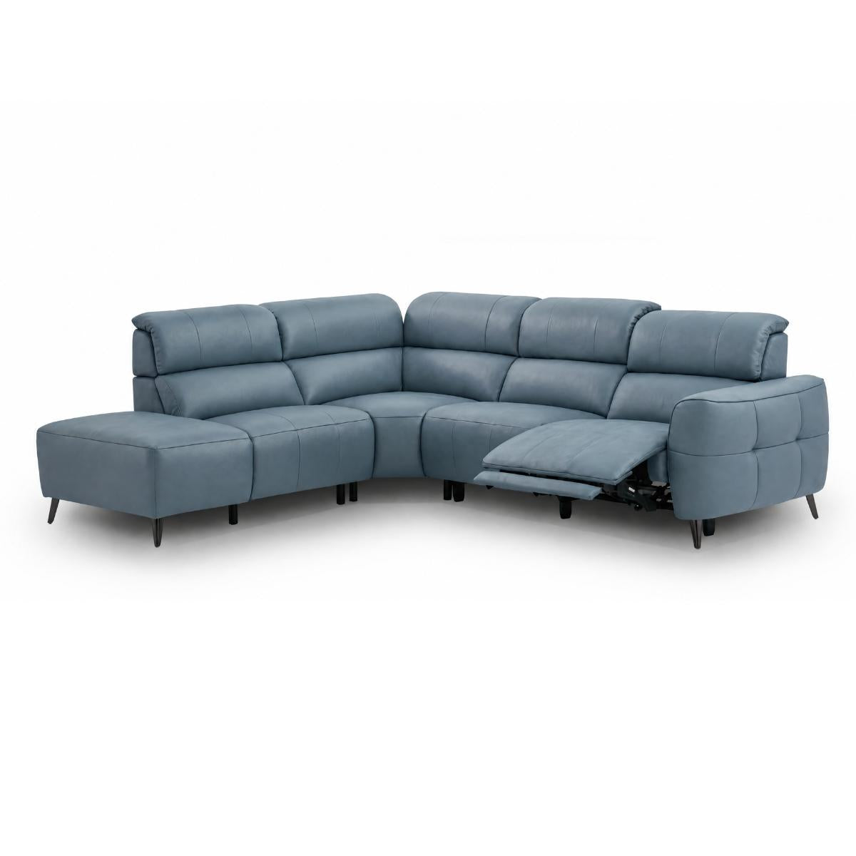 Mosley blue leather corner sofa.