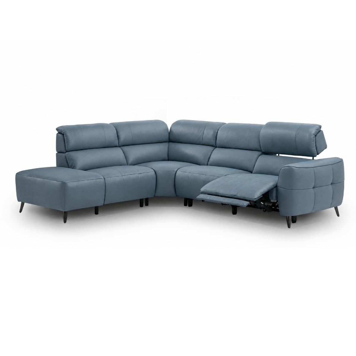 Mosley blue leather corner sofa reclined.