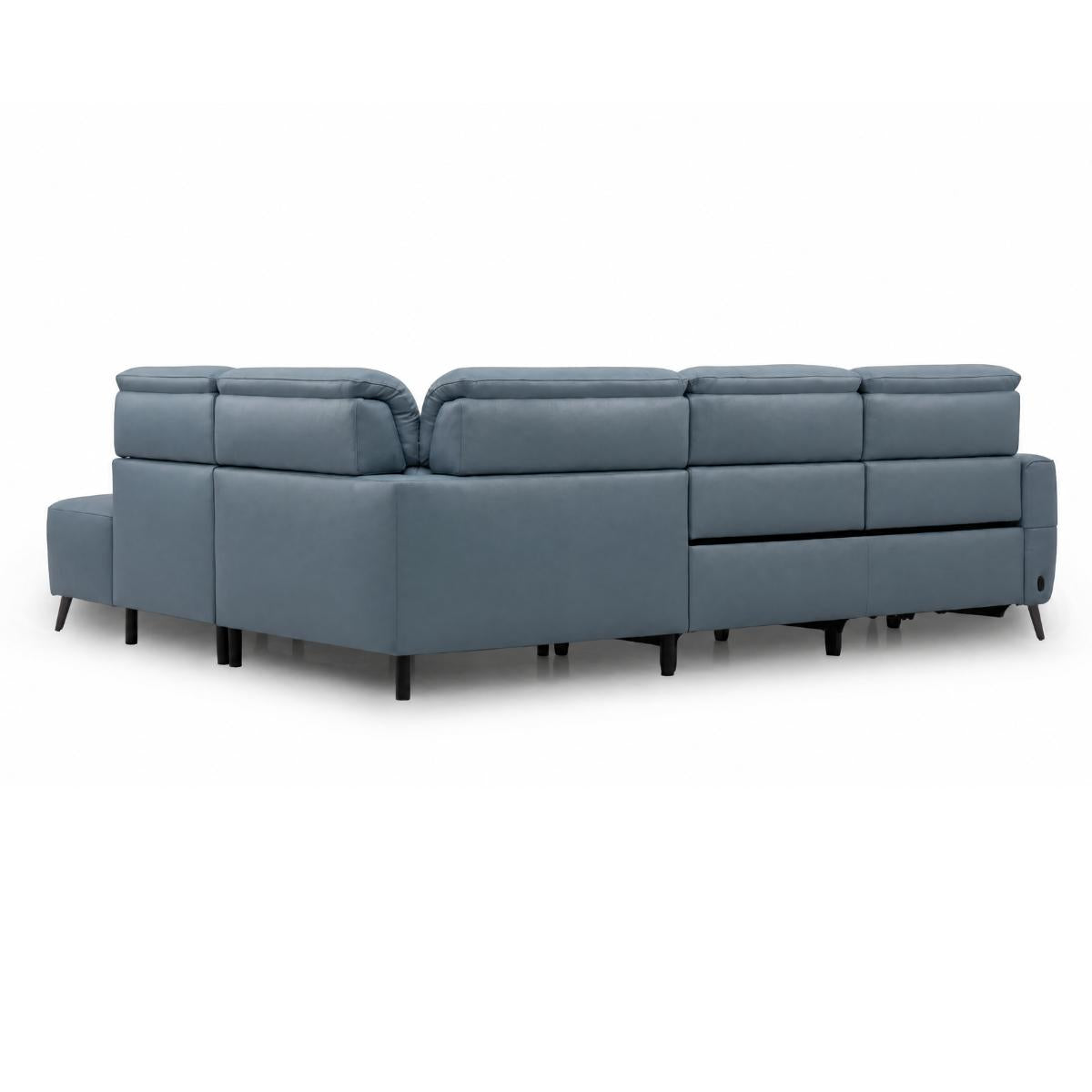 Mosley modern sectional sofa upholstered in blue leather, featuring a left-facing ottoman and a right-facing armrest.