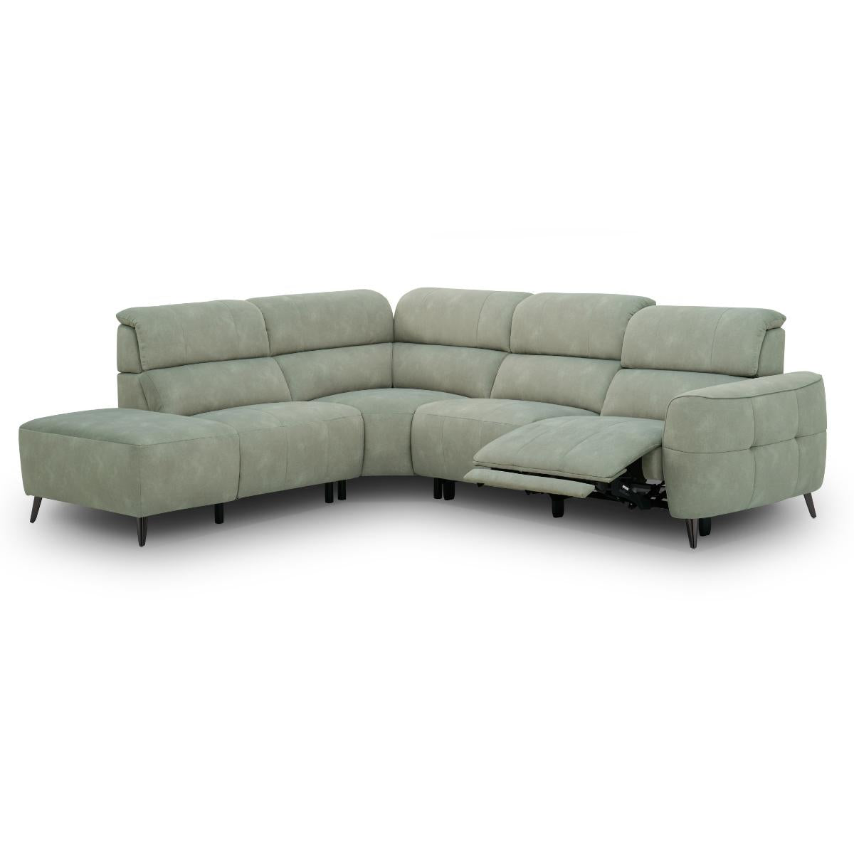 Mosley L-shaped sectional sofa upholstered in a green fabric, featuring a chaise lounge on the left. The right section is shown with the seat cushion extended, revealing the reclining mechanism.