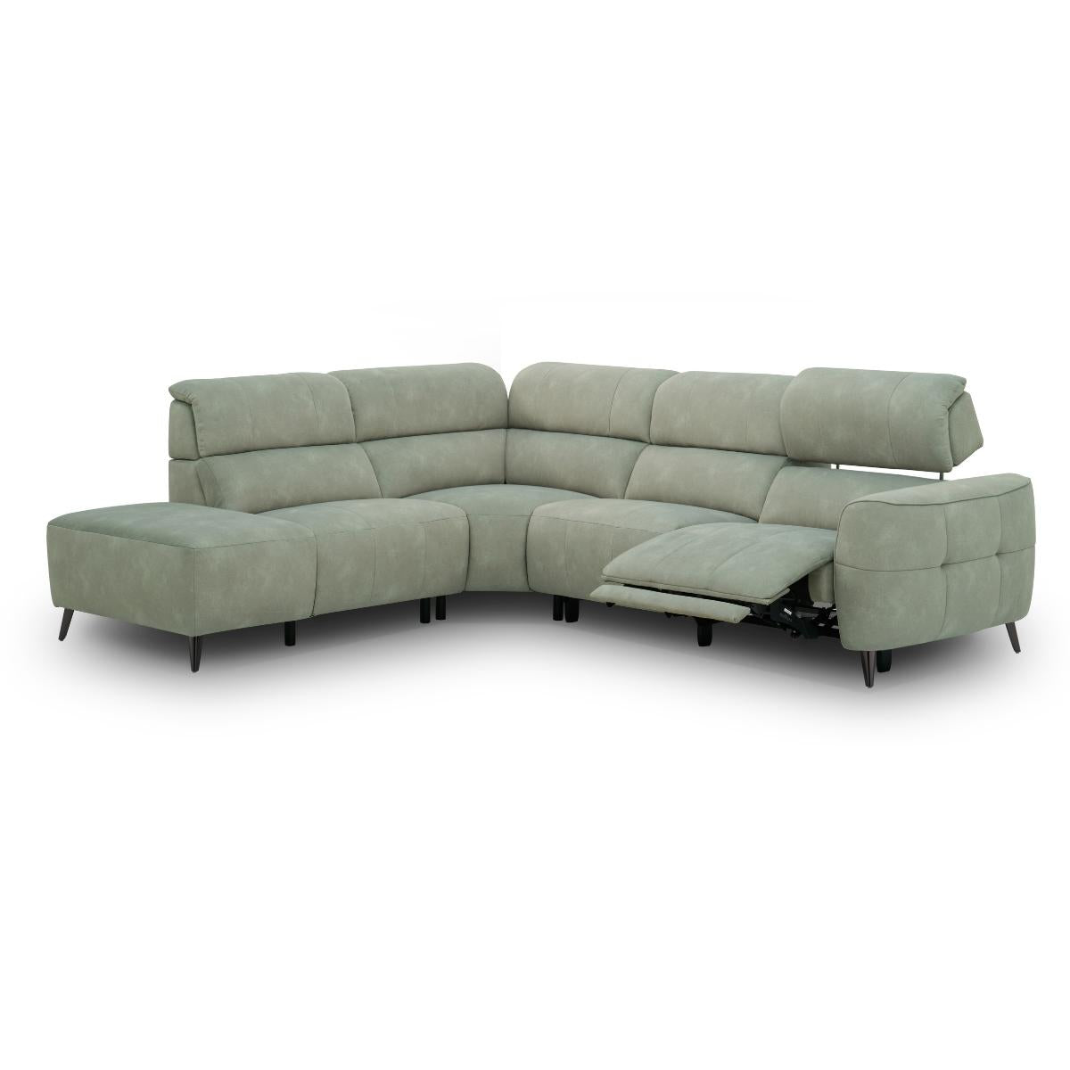 Mosley L-shaped sectional sofa upholstered in a textured green fabric, featuring a chaise lounge on the left side. Shown on a plain white background.