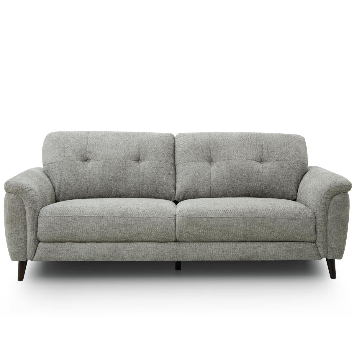 Odell 2.5 seater sofa in a textured grey fabric, featuring tufted back cushions, rolled arms, and dark tapered legs, shown against a plain white background.