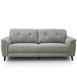 Odell 2.5 seater sofa in a textured grey fabric, featuring tufted back cushions, rolled arms, and dark tapered legs, shown against a plain white background.