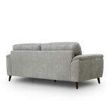 Odell 2.5 seater sofa upholstered in grey textured fabric, featuring dark tapered wooden legs, shown from a three-quarter angle on a white background.
