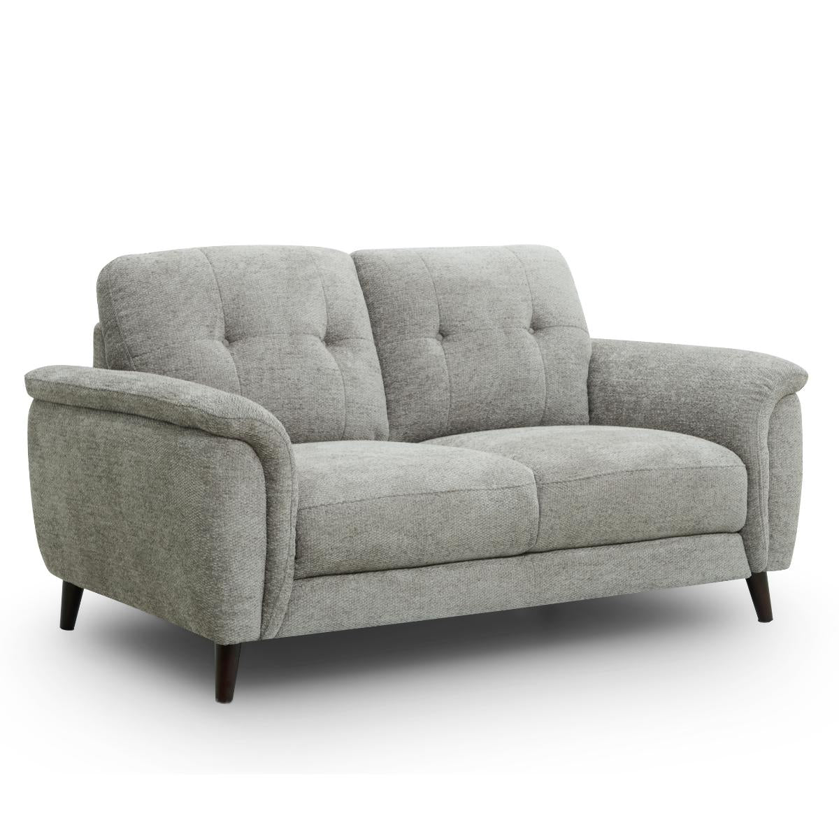 Odell grey upholstered loveseat with tufted back cushions, rolled arms, dark tapered legs, and a clean studio background.