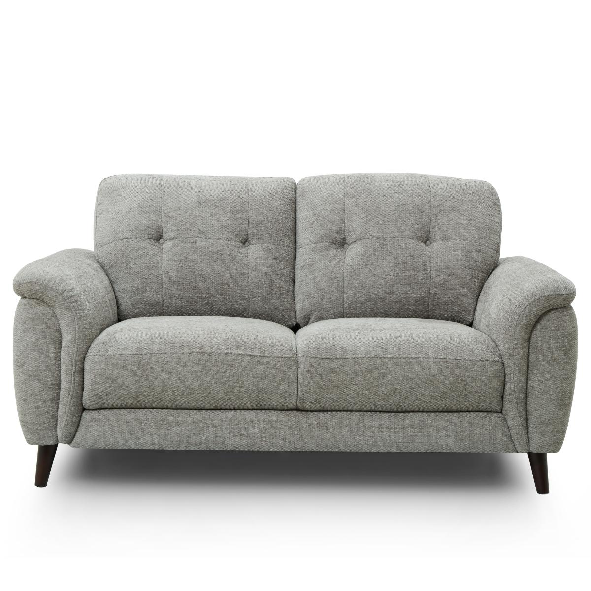Odell grey upholstered loveseat with tufted back cushions, rolled arms, and dark tapered legs, shown against a plain white background.