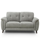 Odell grey upholstered loveseat with tufted back cushions, rolled arms, and dark tapered legs, shown against a plain white background.