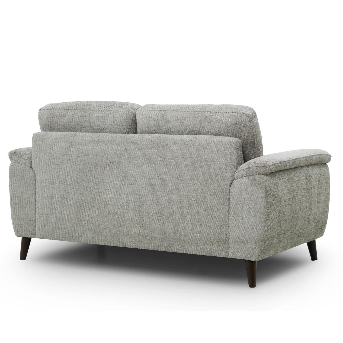 Odell grey textured fabric loveseat sofa shown from a three-quarter rear angle, featuring dark wood legs on a clean white background.