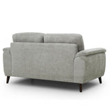 Odell grey textured fabric loveseat sofa shown from a three-quarter rear angle, featuring dark wood legs on a clean white background.