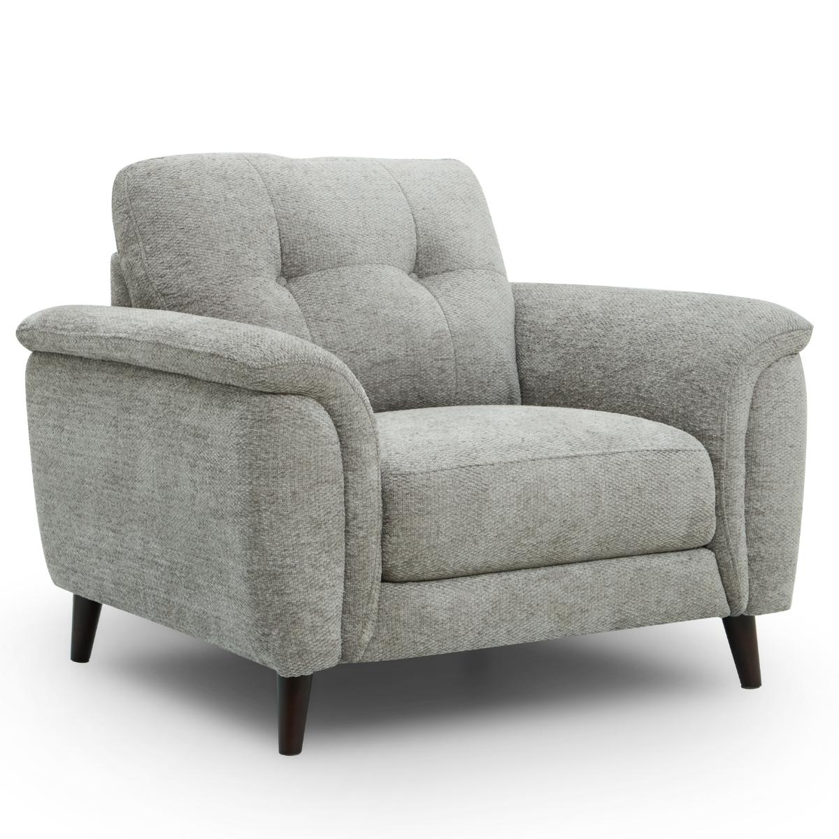 Odell grey upholstered armchair with tufted back cushions, rolled arms, dark tapered legs, and a textured fabric, shown on a clean white background.
