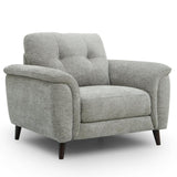 Odell grey upholstered armchair with tufted back cushions, rolled arms, dark tapered legs, and a textured fabric, shown on a clean white background.