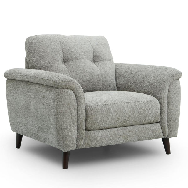 Odell grey upholstered armchair with tufted back cushions, rolled arms, dark tapered legs, and a textured fabric, shown on a clean white background.