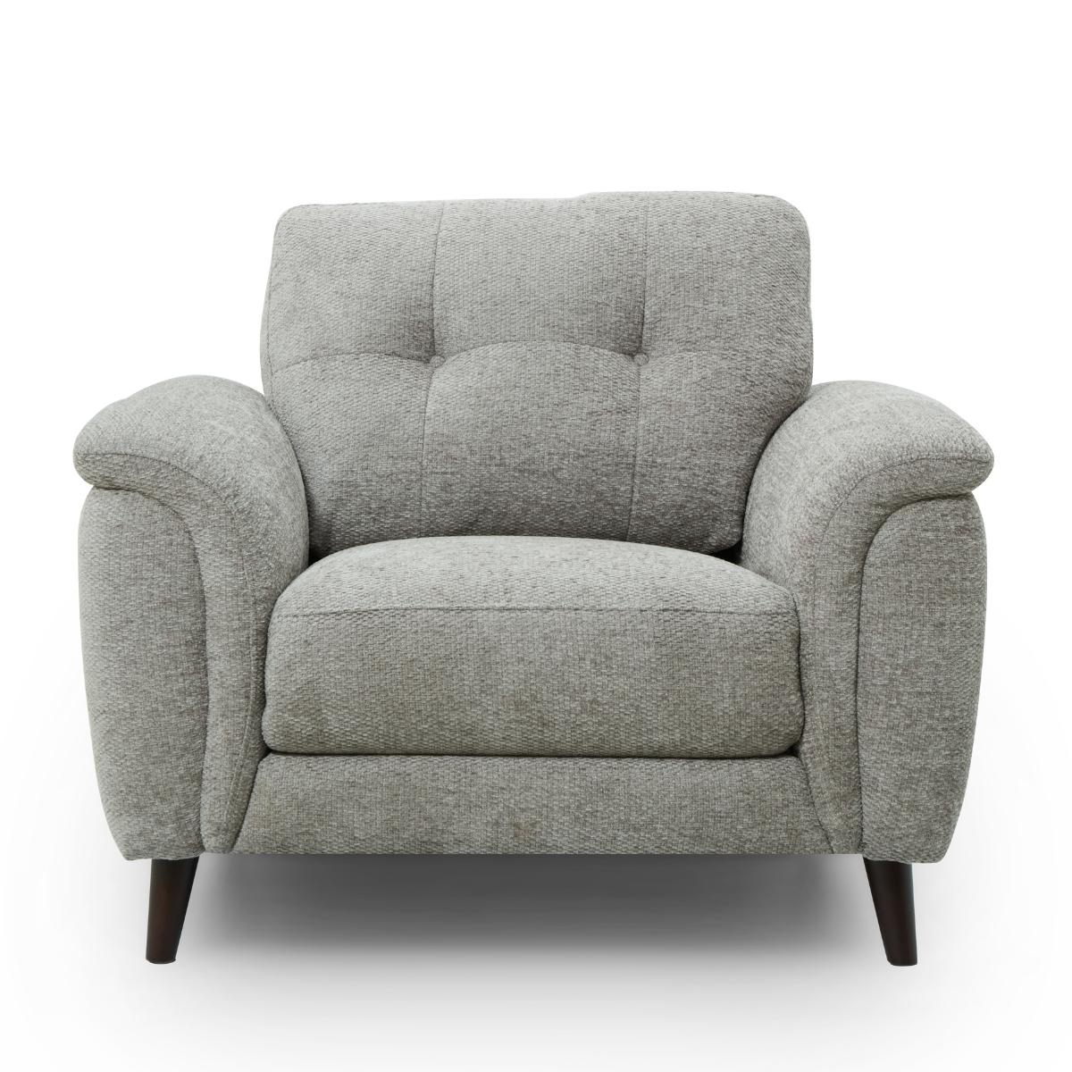 Odell grey upholstered armchair with a tufted backrest, rolled arms, and dark tapered legs, shown against a plain white background.