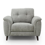 Odell grey upholstered armchair with a tufted backrest, rolled arms, and dark tapered legs, shown against a plain white background.