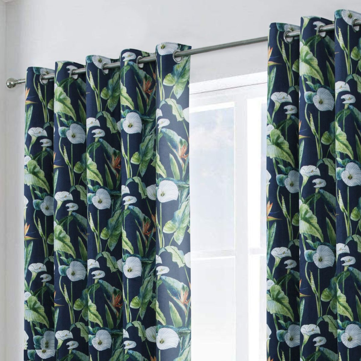 Paradise Blue Floral Blackout Eyelet Readymade Curtain - 2