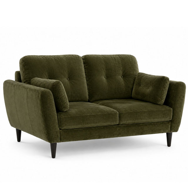 Pegasus green velvet loveseat sofa with tufted back cushions, matching armrest pillows, and dark tapered legs, shown on a plain white background.