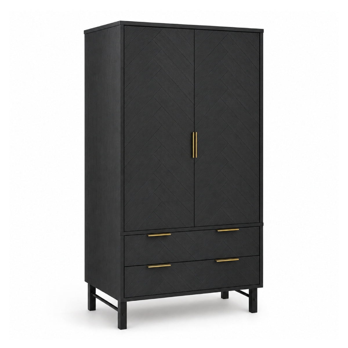 Rosalind black double-door wardrobe or armoire with two drawers below, featuring a subtle textured diamond pattern on the doors and drawer fronts, accented with slim gold-tone handles and legs, shown on a plain white background.