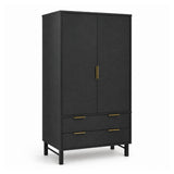 Rosalind black double-door wardrobe or armoire with two drawers below, featuring a subtle textured diamond pattern on the doors and drawer fronts, accented with slim gold-tone handles and legs, shown on a plain white background.