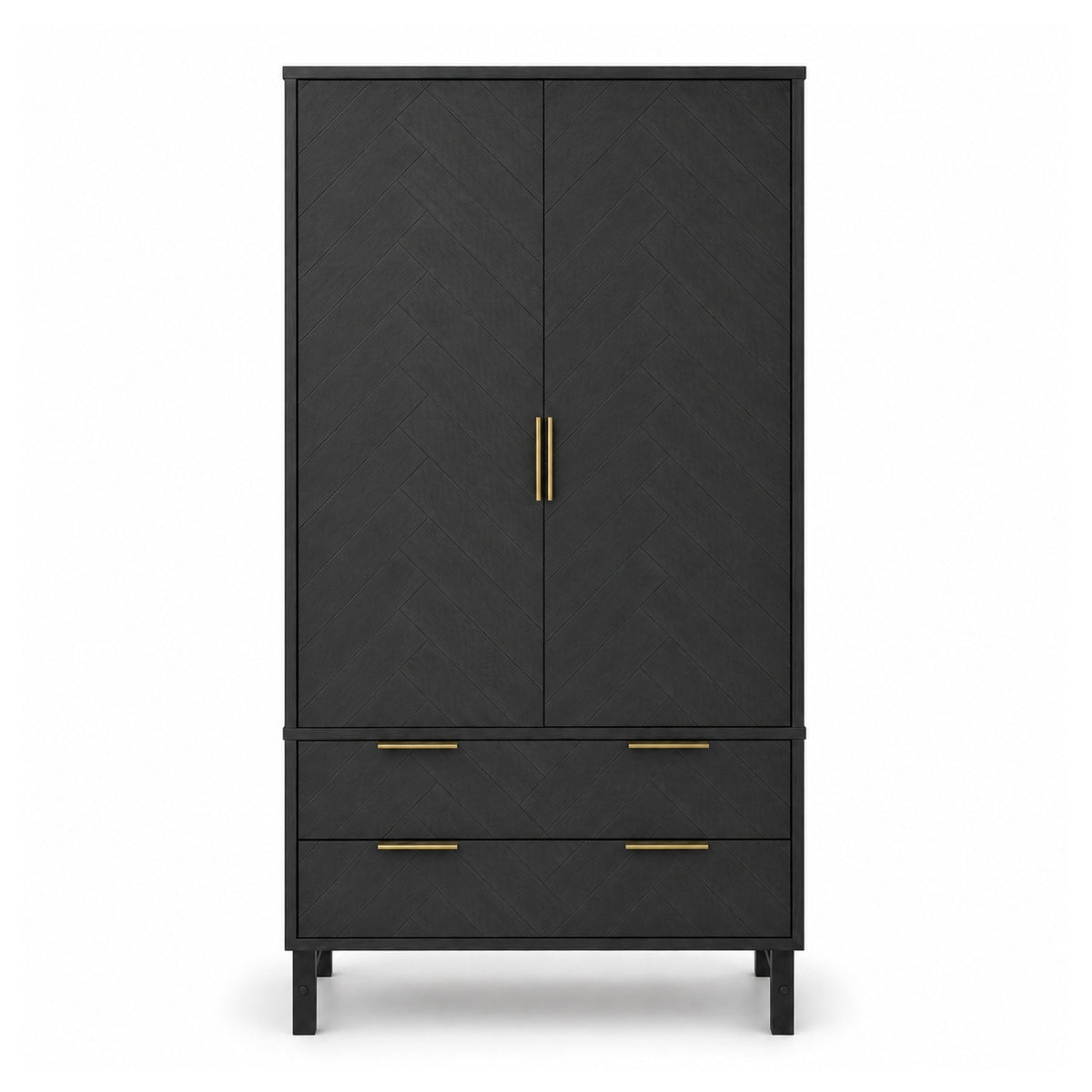 Rosalind black double-door wardrobe or armoire with four drawers below, featuring textured chevron-patterned doors and slim gold-tone handles, shown against a plain white background.