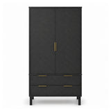 Rosalind black double-door wardrobe or armoire with four drawers below, featuring textured chevron-patterned doors and slim gold-tone handles, shown against a plain white background.