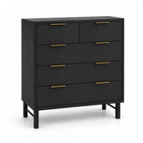 Rosalind black five-drawer chest of drawers with slim gold metal handles and angled legs, shown on a clean white background.