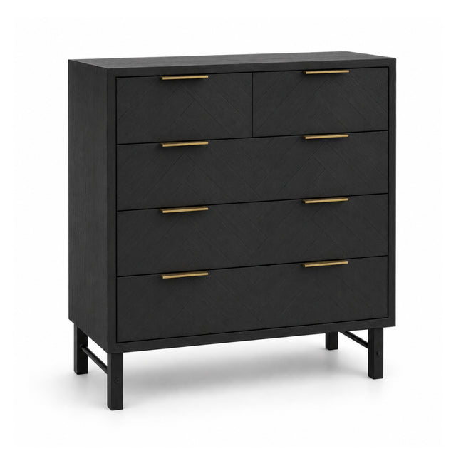 Rosalind black five-drawer chest of drawers with slim gold metal handles and angled legs, shown on a clean white background.