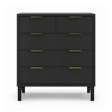 Rosalind black chest of drawers with five drawers, featuring slim gold metal handles and a minimalist black frame with legs, shown against a plain white background.