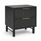 Rosalind two-drawer nightstand in black wood with a textured chevron pattern on the drawer fronts and slim gold metal handles, shown on a white background.