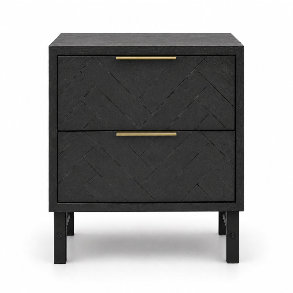Rosalind two-drawer nightstand in black with a textured chevron pattern on the drawer fronts and slim gold metal handles, shown on a clean white background.