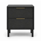 Rosalind two-drawer nightstand in black with a textured chevron pattern on the drawer fronts and slim gold metal handles, shown on a clean white background.