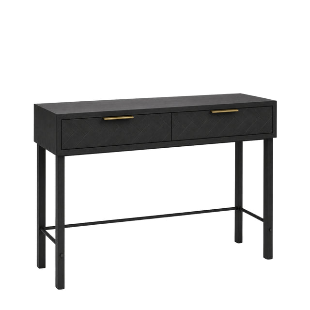 Rosalind black dressing table with two drawers featuring textured gold handles, supported by slim black legs and a lower support rail, shown on a plain white background.