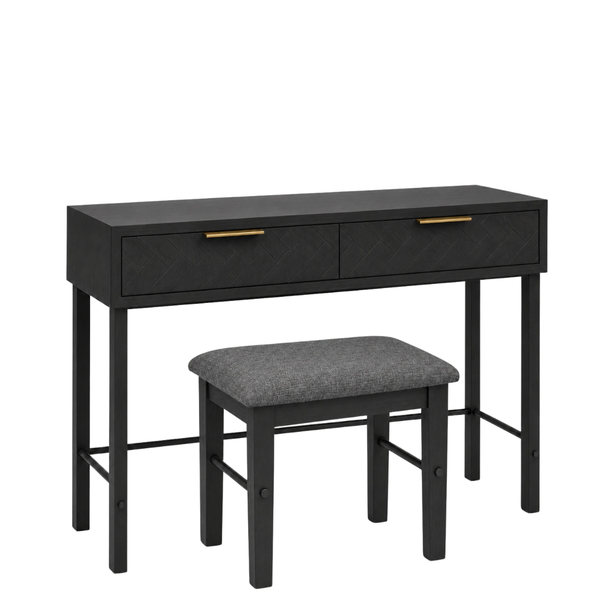 Rosalind black vanity desk with two drawers and gold handles, paired with a matching stool featuring a gray upholstered seat, shown on a plain white background.