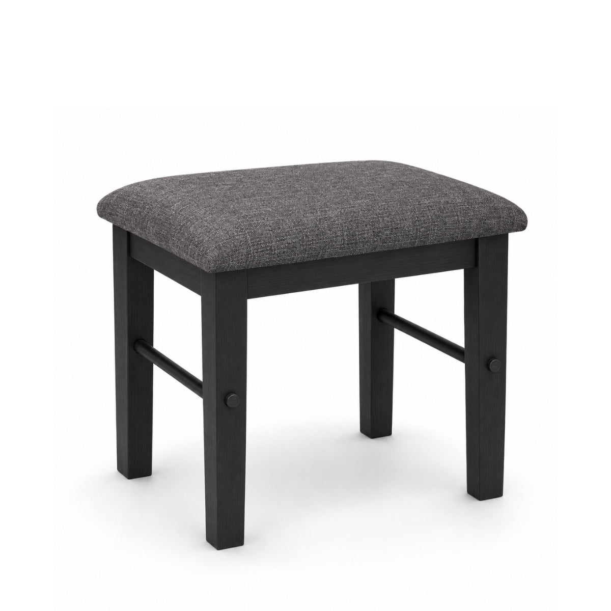 Rosalind square stool with a dark grey upholstered seat cushion and a black wooden frame with front support bars, shown on a white background.