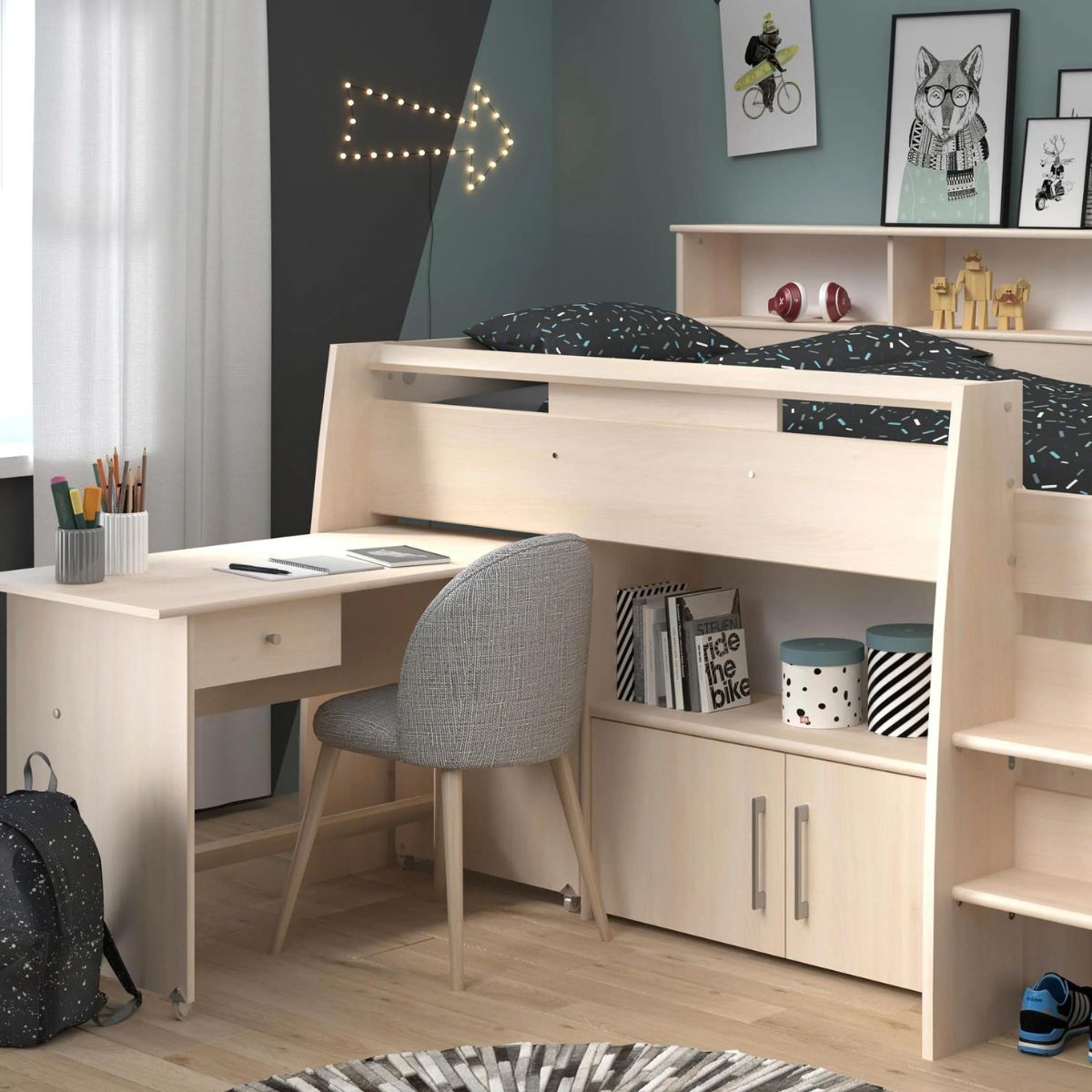 SIEBB-OA - Sienna Light Oak Mid Sleeper Bed with Desk - 6
