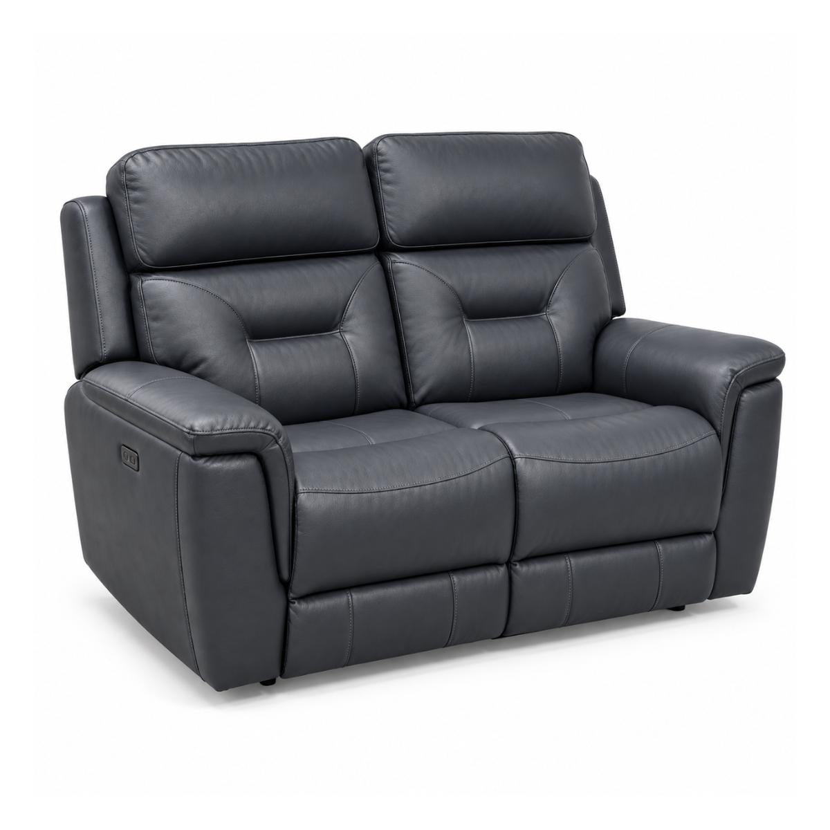 Solenne faux leather reclining loveseat with two padded back cushions, wide armrests, and a small side control panel, shown on a white studio background.