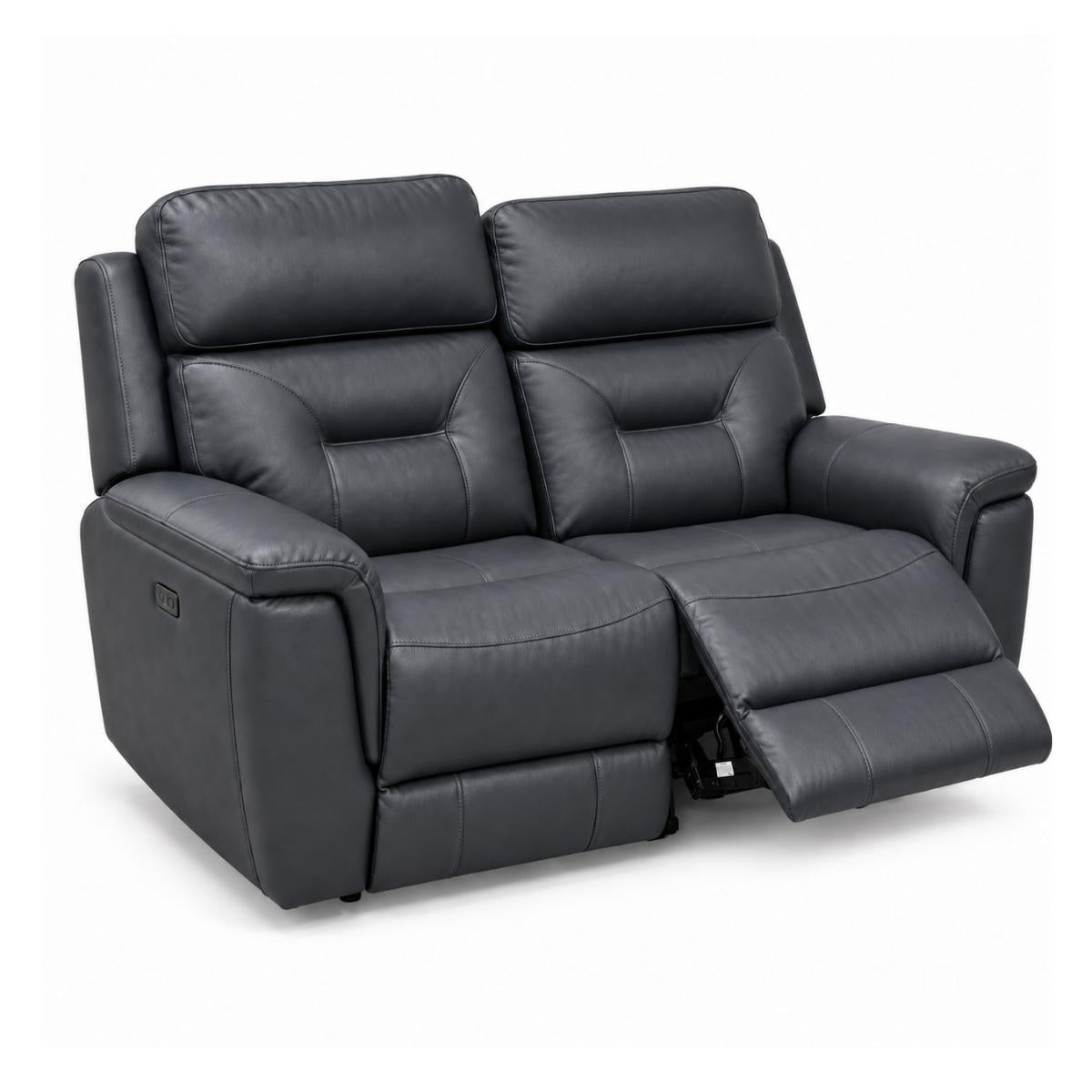 Solenne navy faux leather 2 seater sofa reclined. 