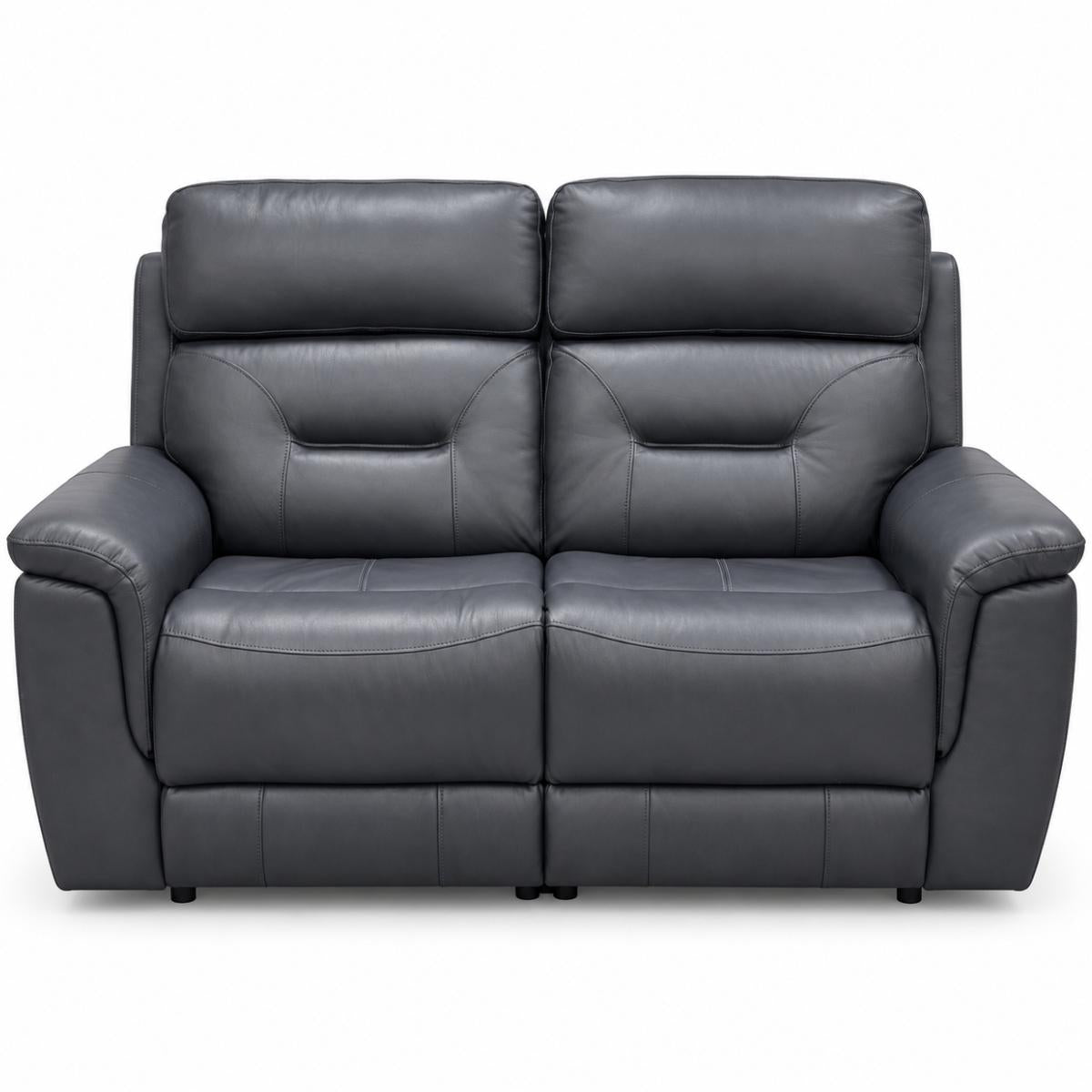Solenne faux leather navy two-seater power reclining loveseat sofa with tufted back cushions and padded armrests, shown against a plain white background.