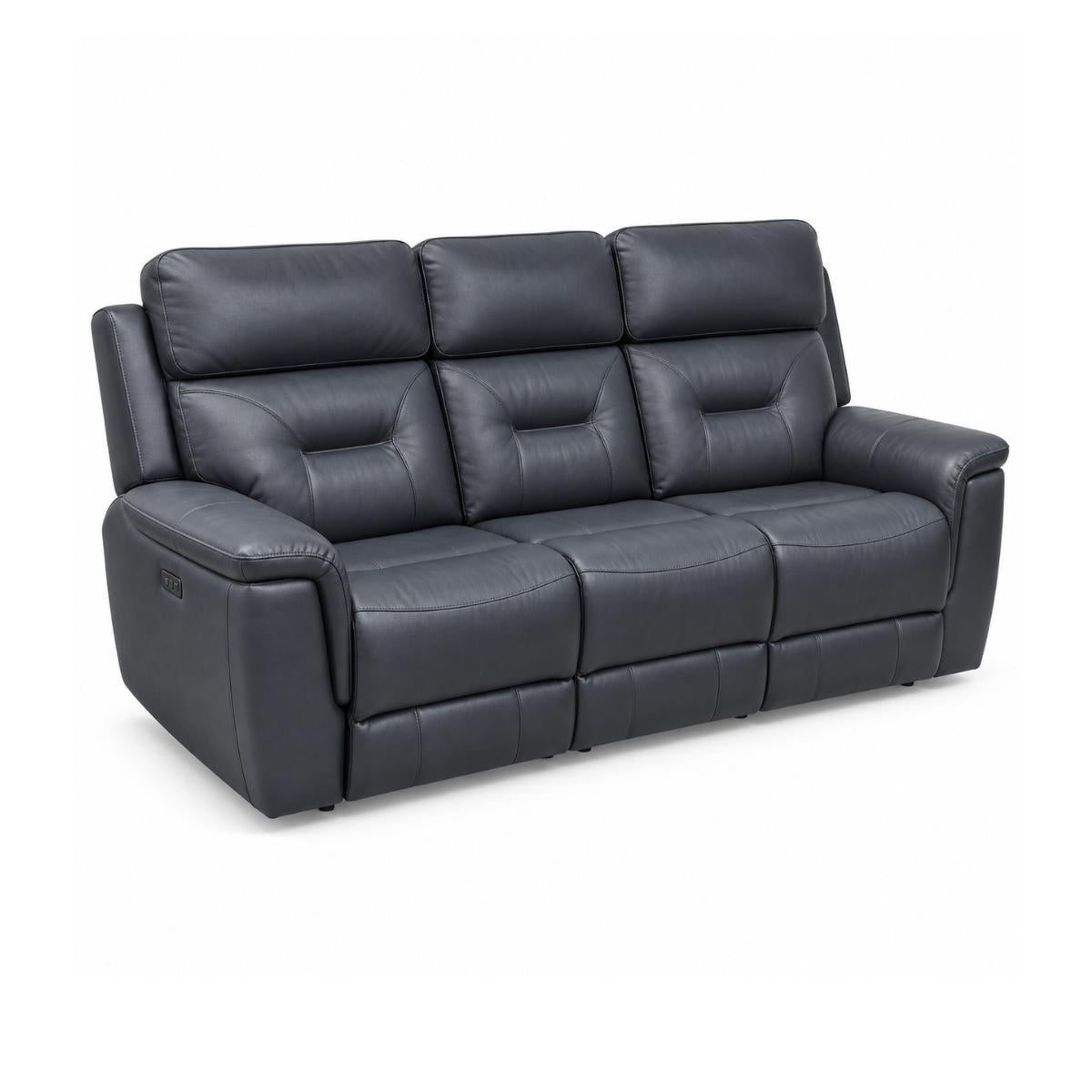 Solenne navy faux leather 3 seater sofa.