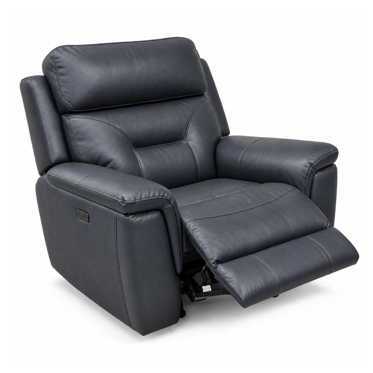 Solenne navy faux leather recliner chair with the footrest extended, shown from a three-quarter angle on a white background.